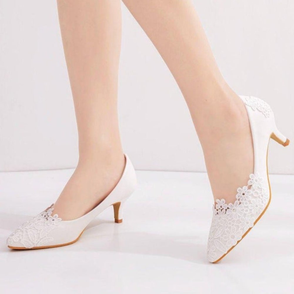 White floral lace kitten heels